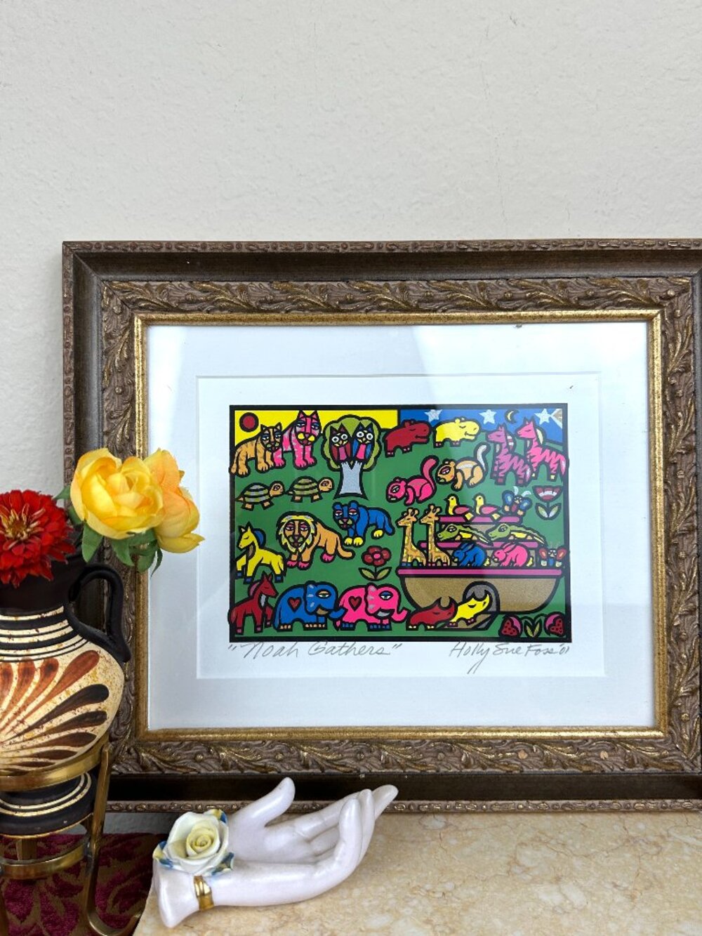 Vintage Signed Serigraph Holly Sue Foss "Noah Gathers" Framed Folk Art